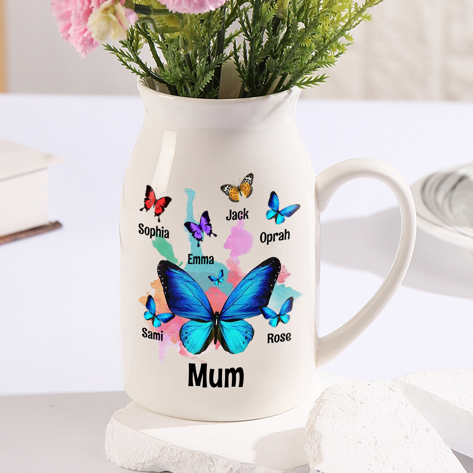 Personalised 2-8 Names Beautiful Colorful Butterfly Style Ceramic Vase Gift For Mum