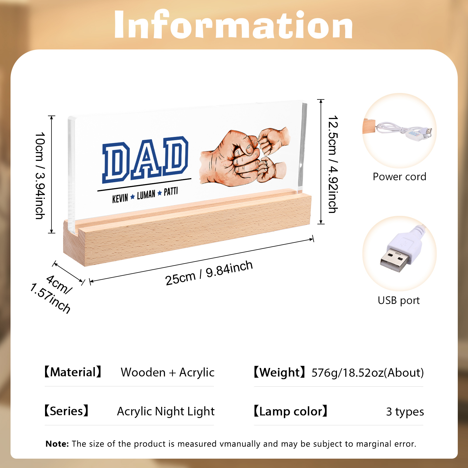 3 Names - Personalised Fist Bump Table Lamp - Dad's Dream Team - Father's Day Gift for Dad