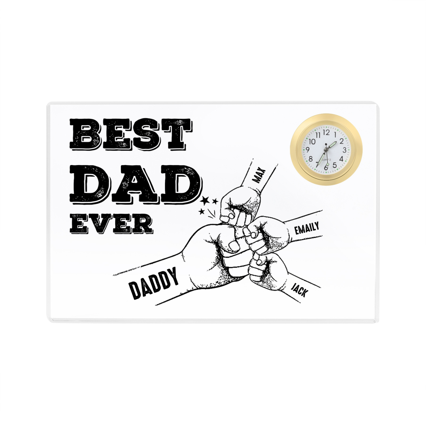4 Names - Personalised Fist Bump Pattern Custom Name Acrylic Rectangular Clock Ornament Father's Day Gift