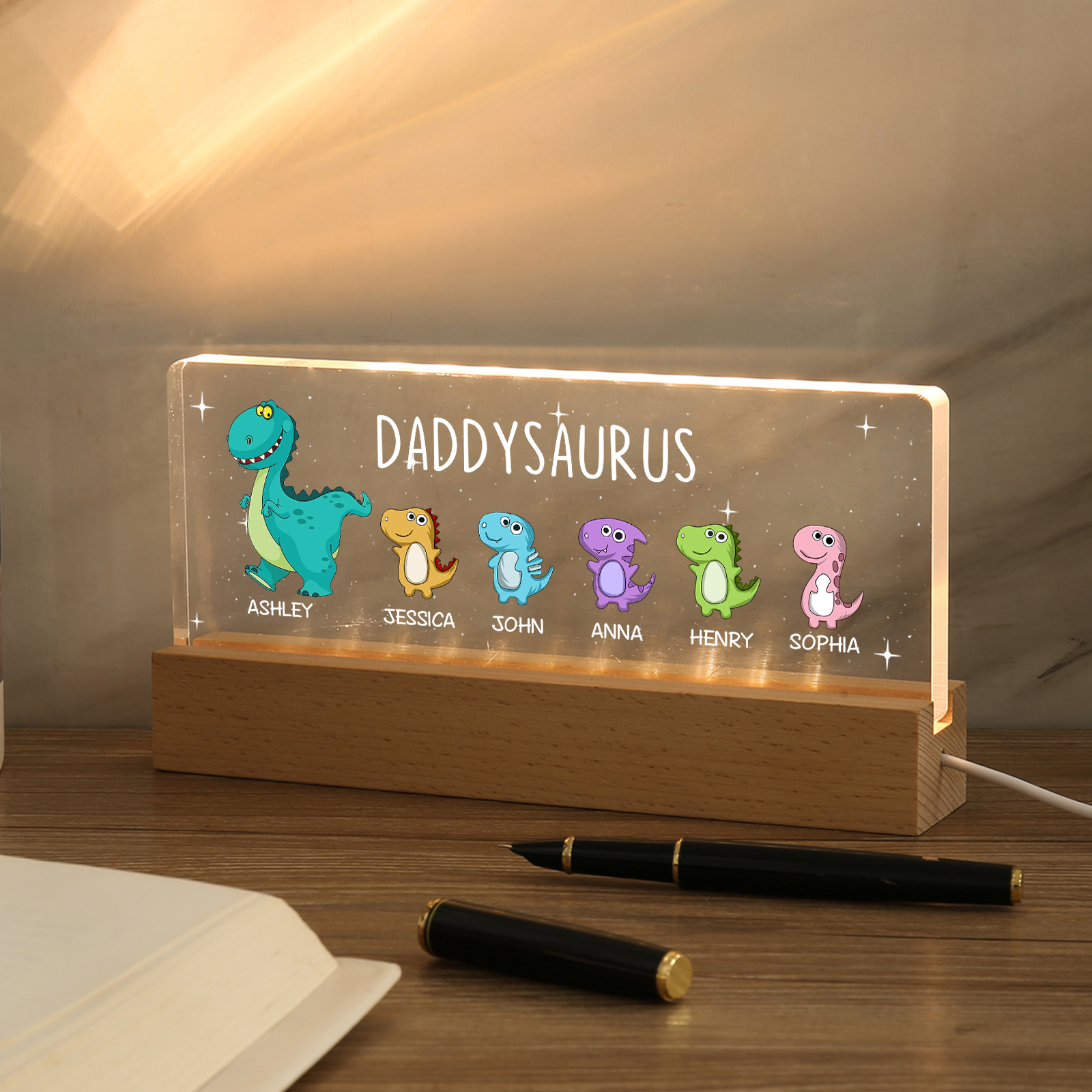 6 Names - Personalised Cute Dinosaur Pattern Beautiful Table Lamp Father's Day Gift for Dad