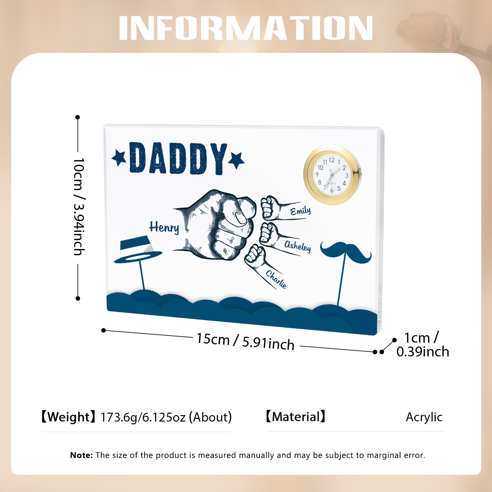 4 Names - Personalised Fist Bump Custom Name Acrylic Clock Ornament Father's Day Gift for Dad