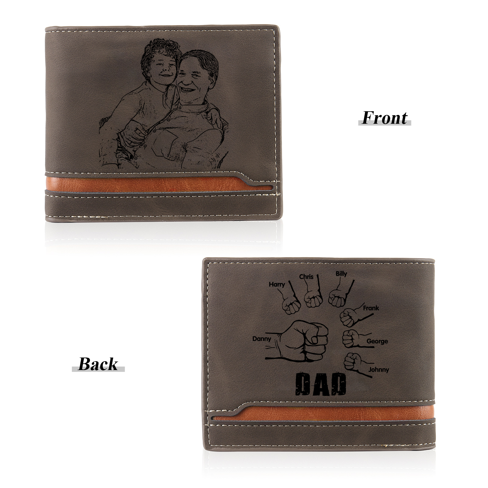 7 Names - Personalised Photo Custom Leather Men's Folding Wallet as a Father's Day Gift for Dad