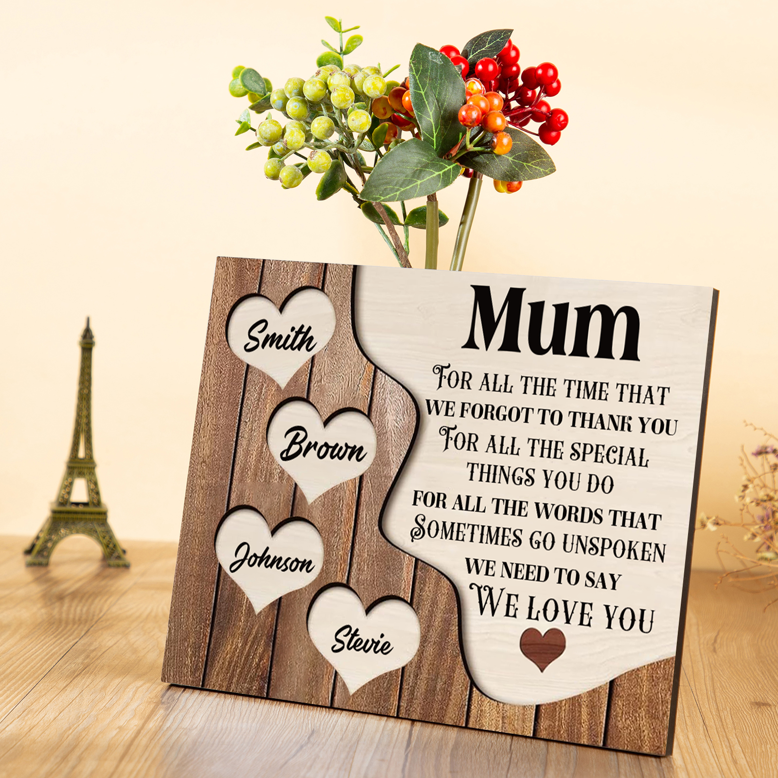 4 Names-Personalised Mum Wooden Frame Custom Names Home Decoration  - Mother's Day Gifts for Mum