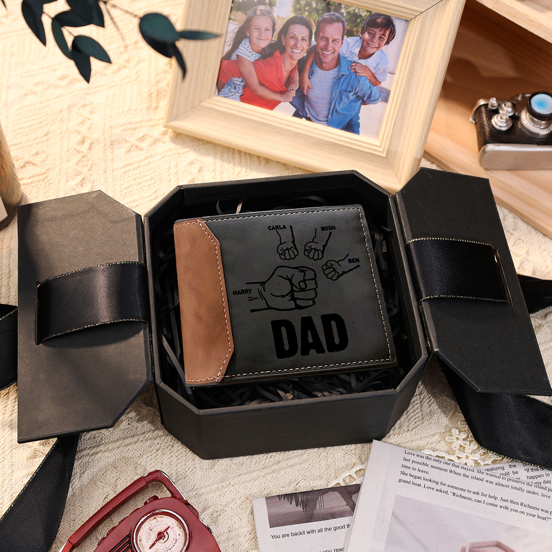 4 Names - Personalised Fist Bump Photo Custom Leather Men's Wallet With Gift Box as a Father's Day Gift for Dad