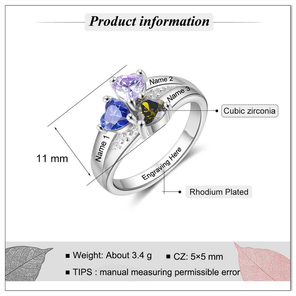 Personalised Heart Birthstone Ring with Engraving 3 Names and 3 Birthstones Ring Gifts For Her | Jessmade