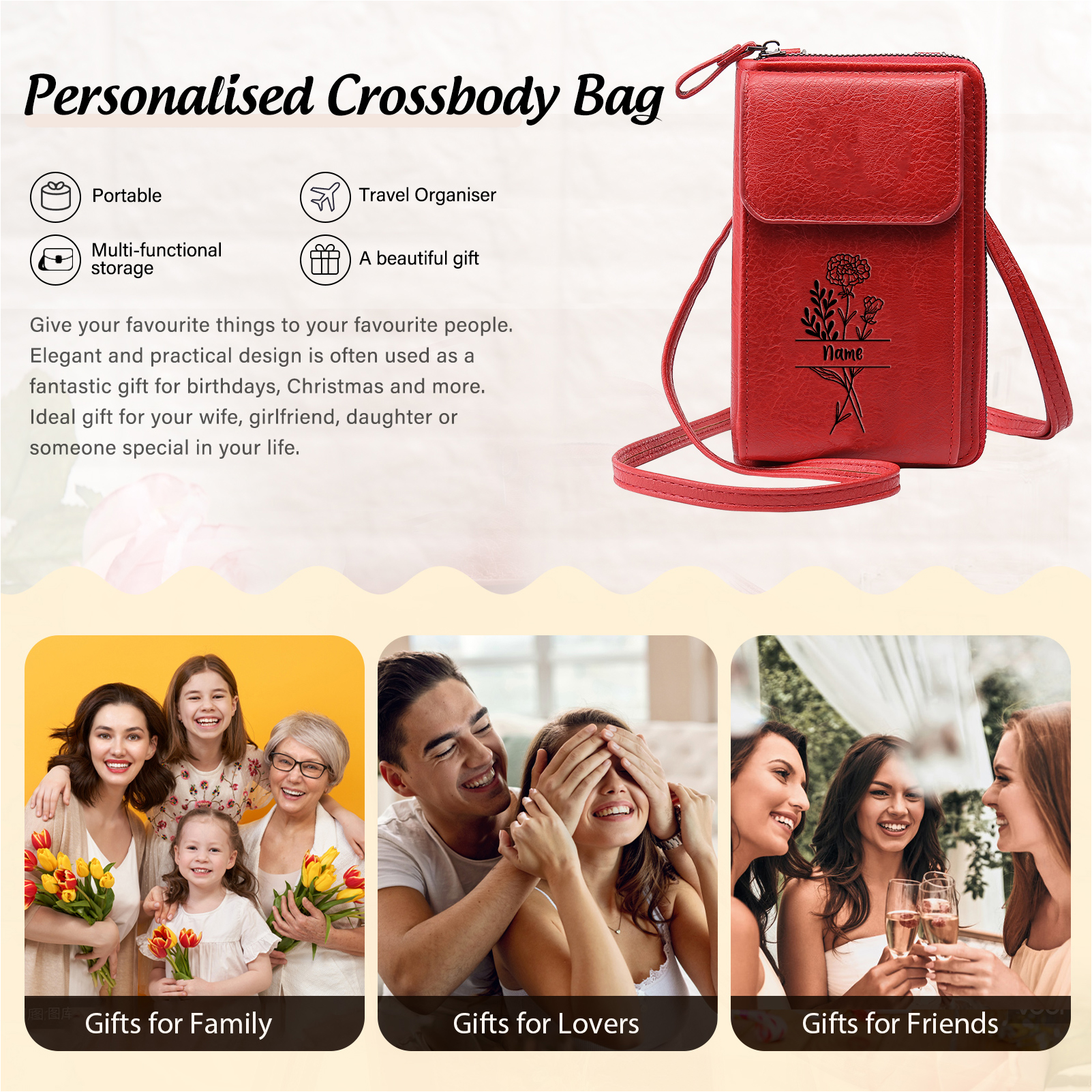 Custom Purse-Personalised Women's Leather Wallet Custom Birthflower & Name Mobile Phone Wallet Zipper Crossbody Bag