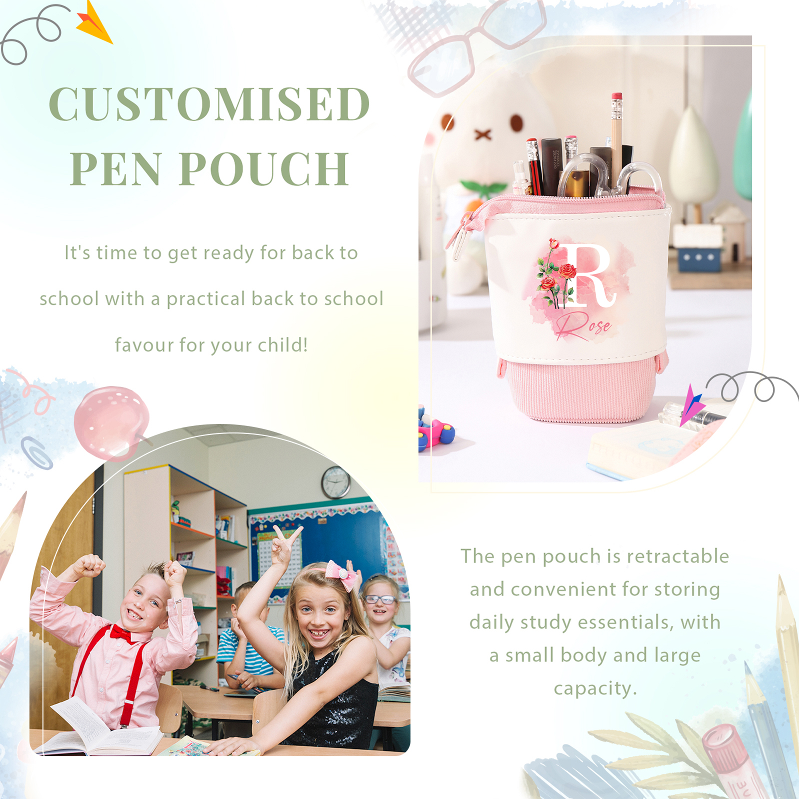 Personalised Pencil Case Custom Name & Letter & Birthday Flower Pen Pouch Back To School Gift for Kids