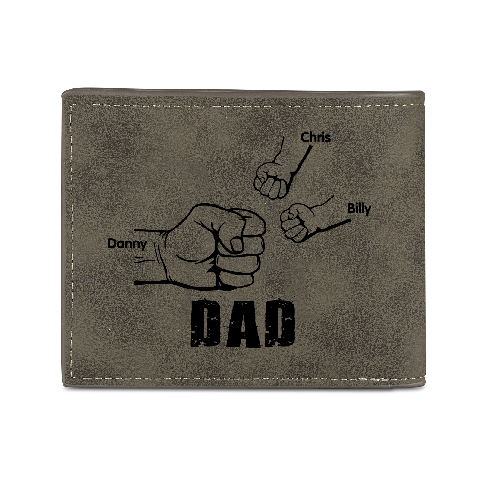 3 Names - Personalised Fist Bump Photo Custom Leather Men's Wallet as a Father's Day Gift for Dad