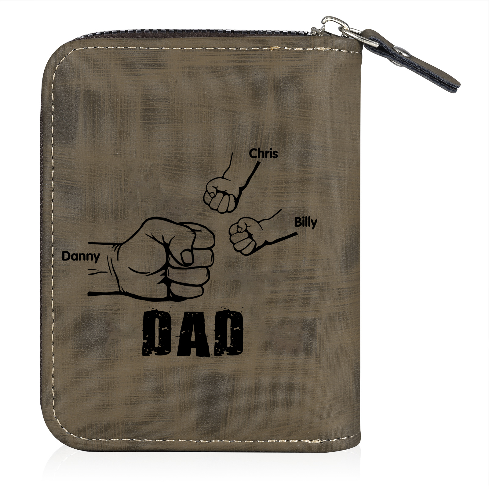 3 Names - Personalised Fist Bump Fist Bump Photo Custom Leather Men's Zipper Wallet as a Father's Day Gift for Dad
