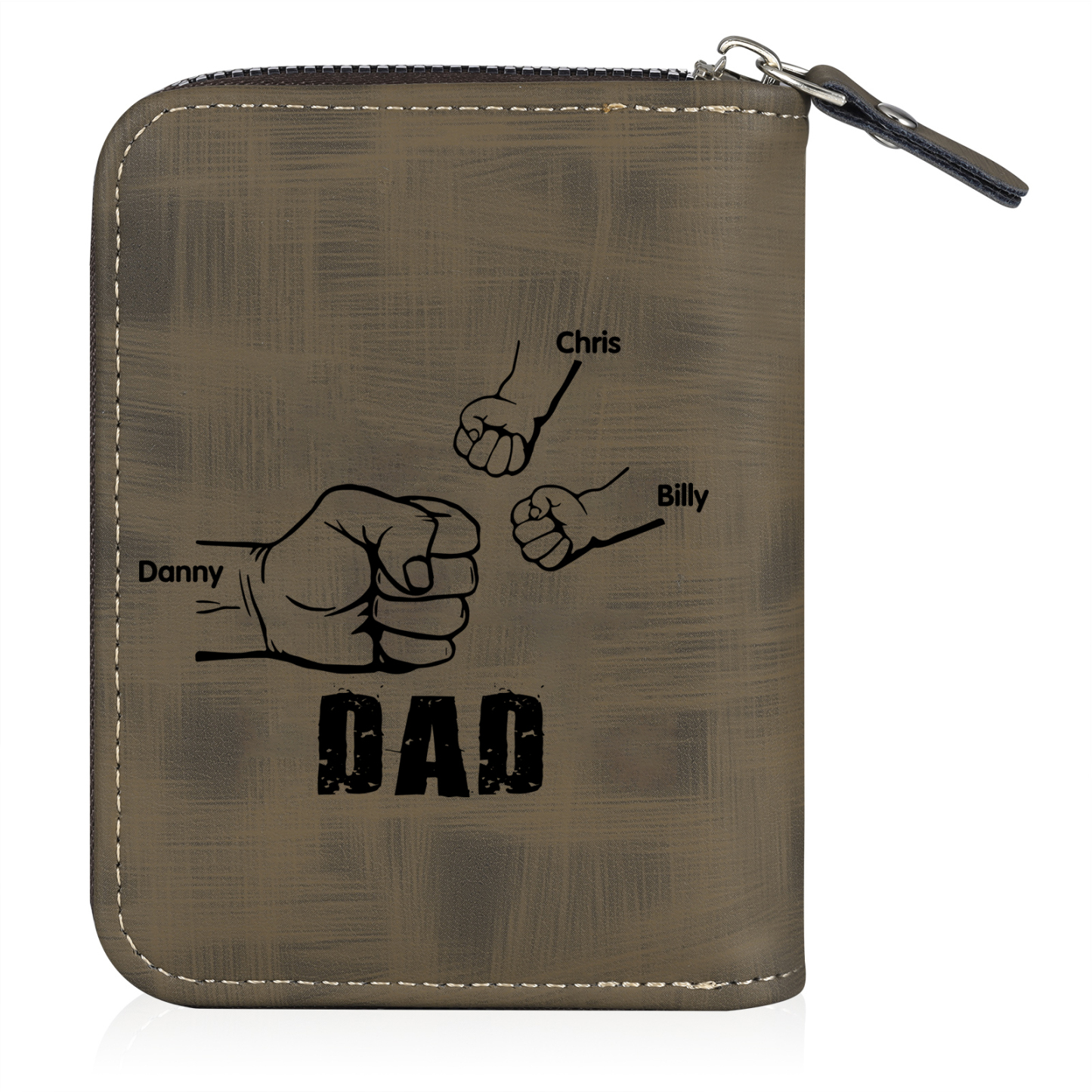 3 Names - Personalised Fist Bump Fist Bump Photo Custom Leather Men's Zipper Wallet as a Father's Day Gift for Dad