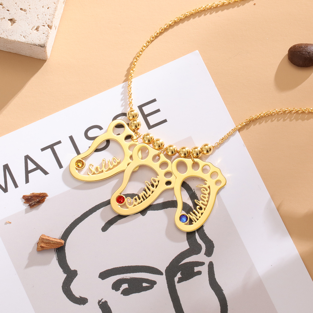 Personalised Baby Foot Necklace With 3 Birthstones Engraved Names Gift For Mother
