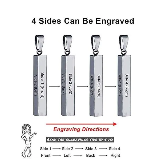 Vertical Bar Necklace Engraved 4 Side 3D Bar Necklace with 4 Names Personalized Women pendant