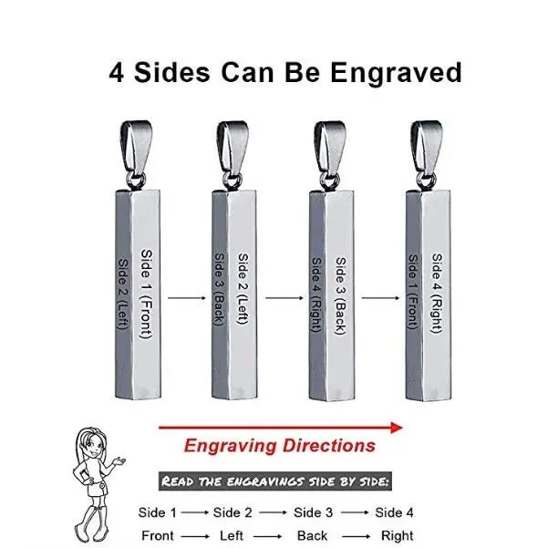 Vertical Bar Necklace Engraved 4 Side 3D Bar Necklace with 4 Names Personalized Women pendant