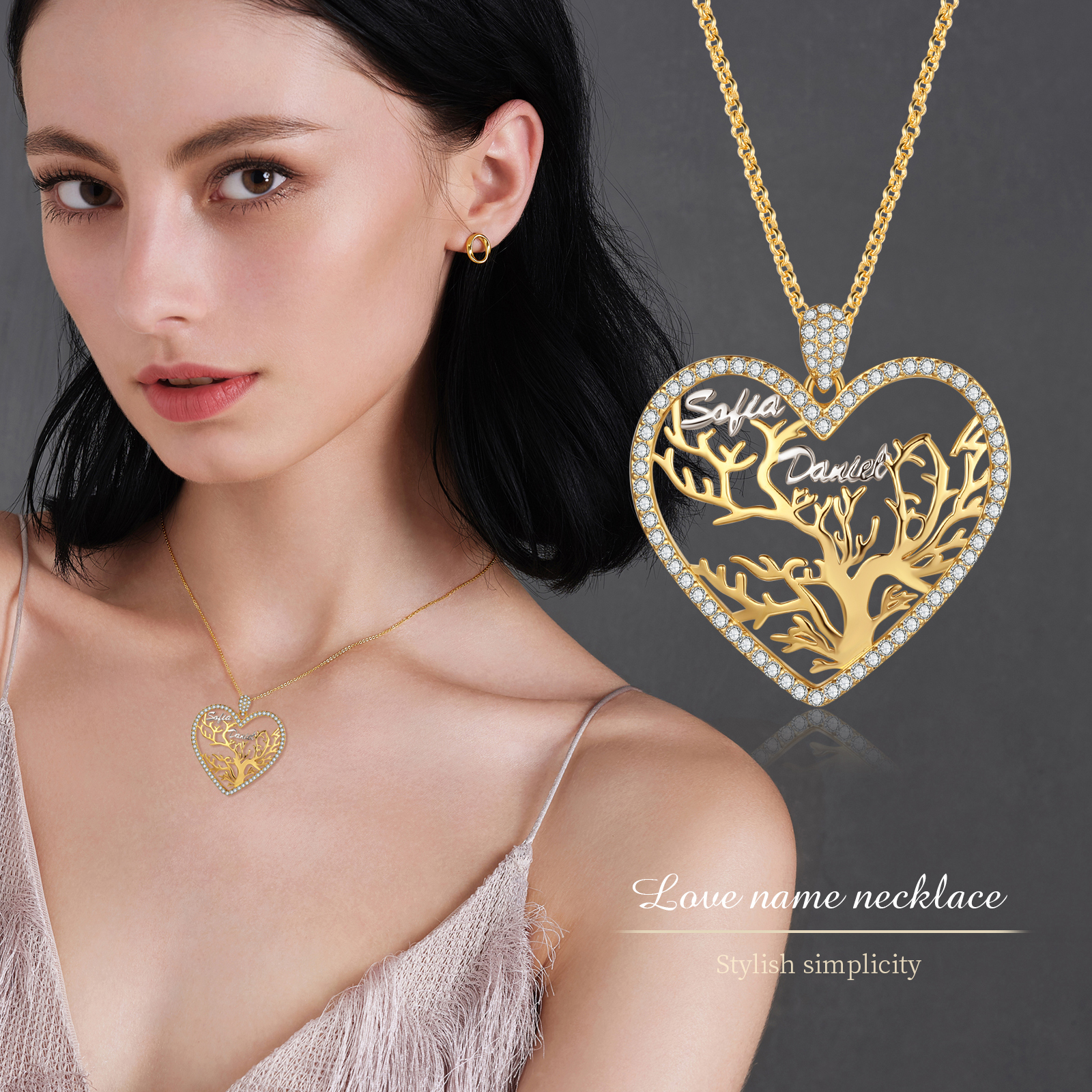 Personalised Family Tree Necklace, Custom 2 Names Heart Necklace Woman Gift