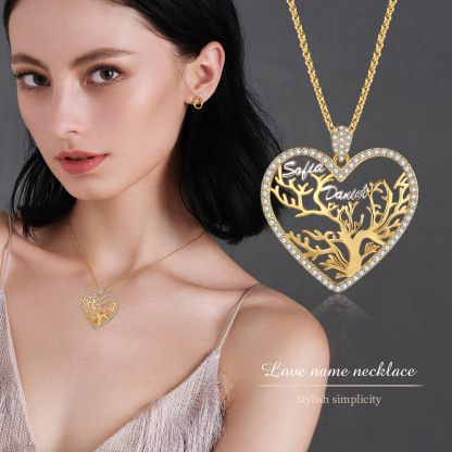 Personalised Family Tree Necklace, Custom 2 Names Heart Necklace Woman Gift