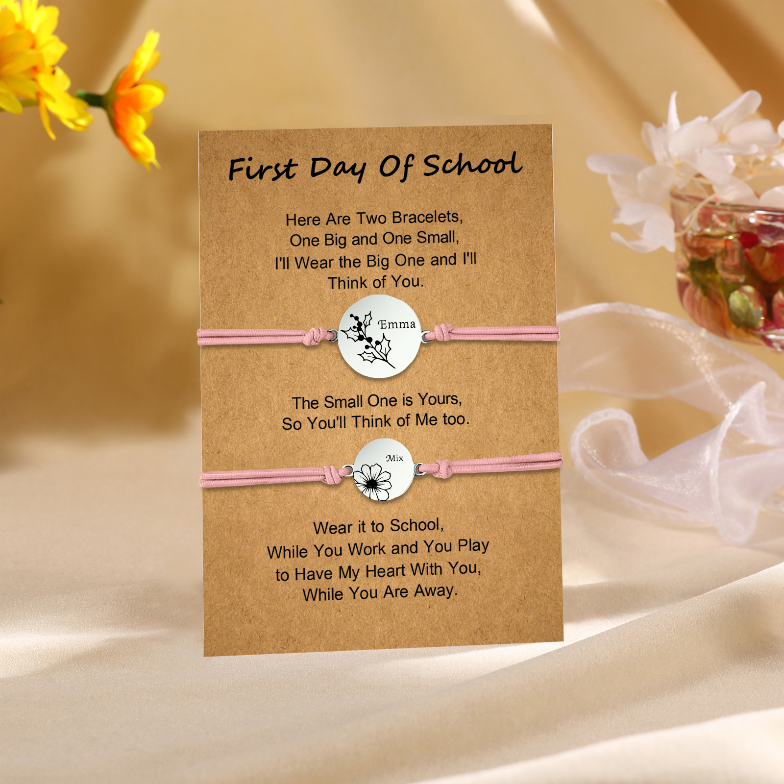 2 PCS Personalized 2 Birthflowers & 2 Names Elastic Stainless Steel Bracelet First Day of School Gift for Daughter