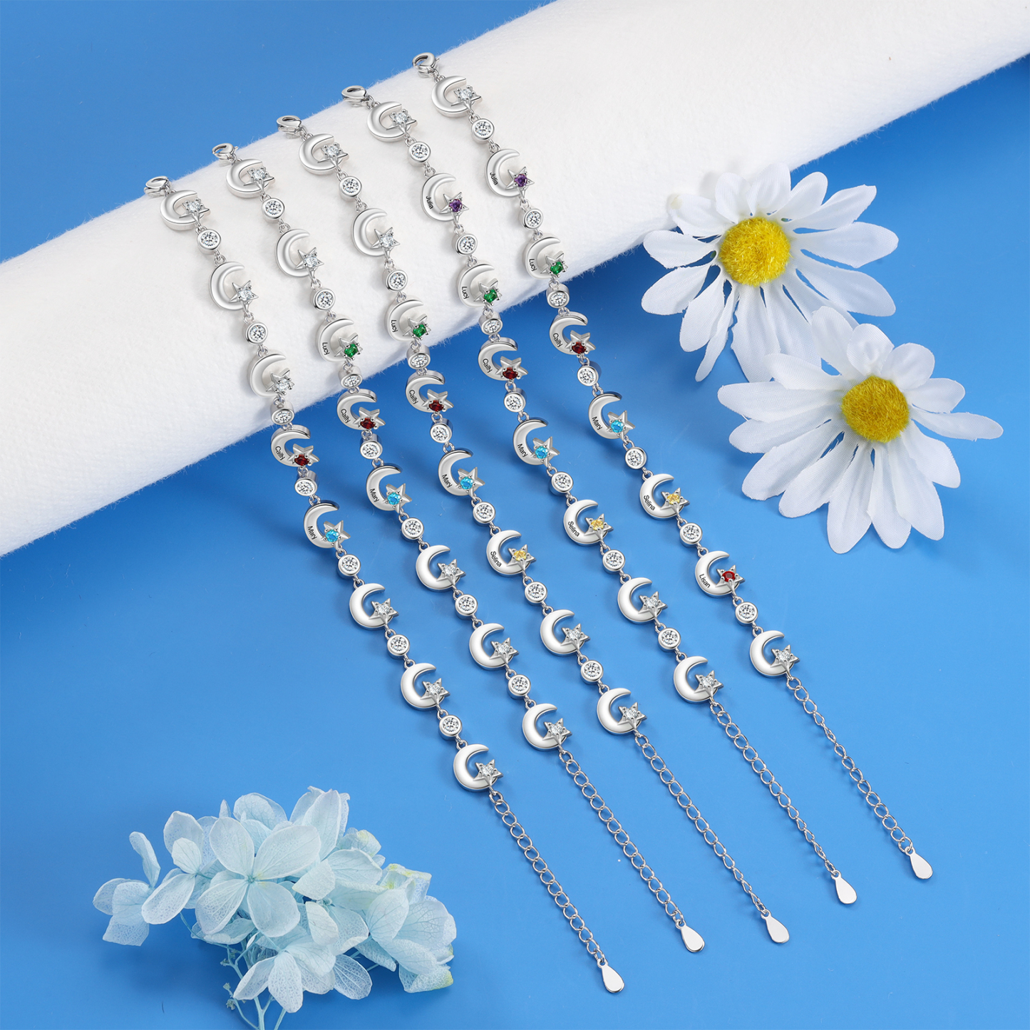 4 Names-Personalised Moons And Stars Bracelet With 4 Birthstones Custom Names Bracelet Gift For Women