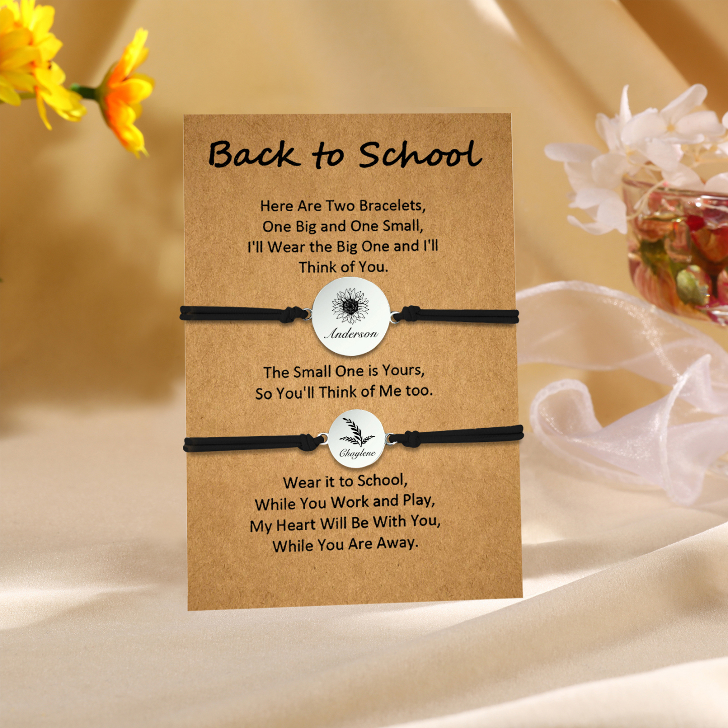 2 PCS Customized 2 Names Dandelion Pattern Elastic Stainless Steel Bracelet Back-To-School Gift For Daughter