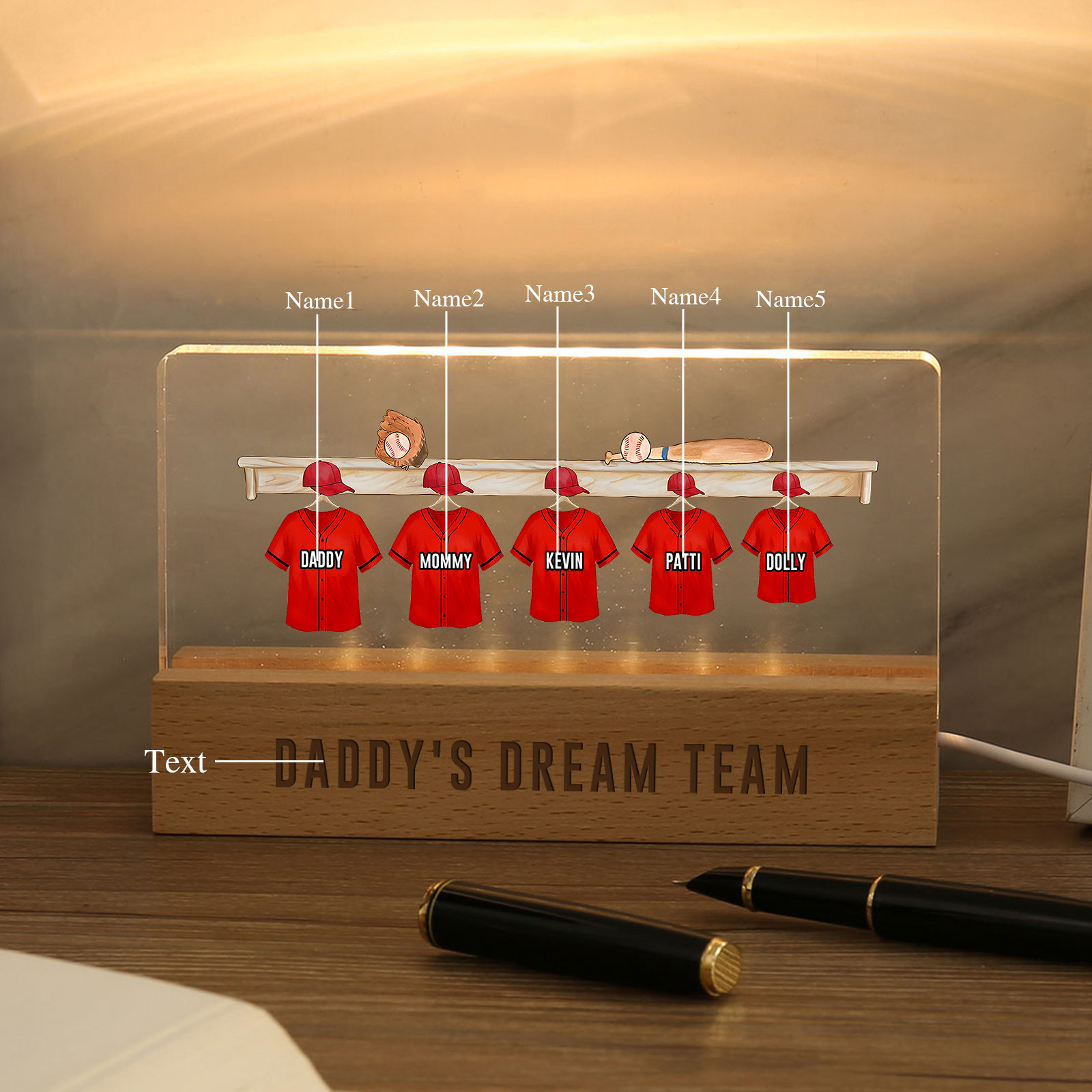 5 Names - Personalised Baseball Jersey Desk Lamp - Dad's Dream Team - Father's Day Gift for Dad