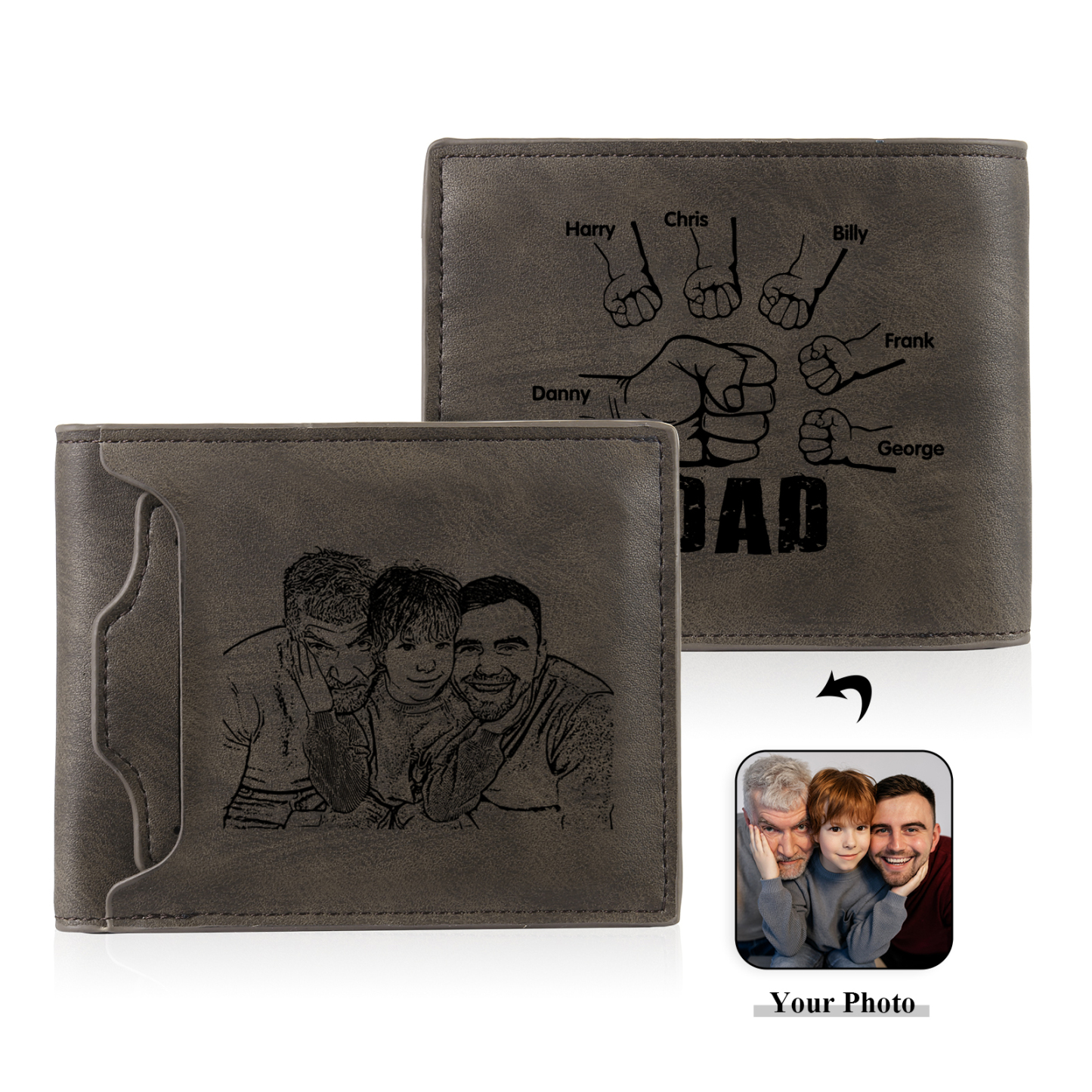 6 Names - Personalised Photo Custom Leather Men's Folding Wallet as a Father's Day Gift for Dad