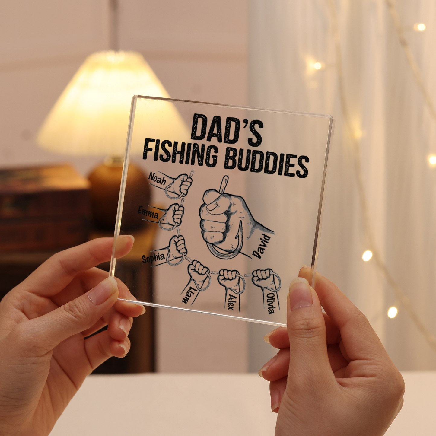 7 Names - Personalised Fishhook Fist Bump Pattern Family Acrylic Keepsake Customized Name Acrylic Home Decor Gift for Dad