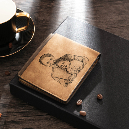 Brown Personalised Leather Wallet Engraved Photo Short Wallet Folding Wallet For Dad