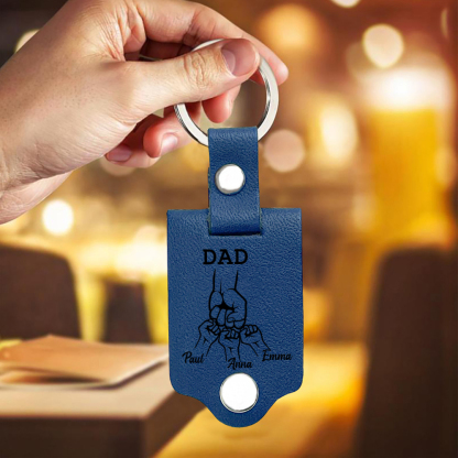 4 Names - Personalised Fist Bump Custom Text, Name and Photo Leather Mens Keyring for Dad