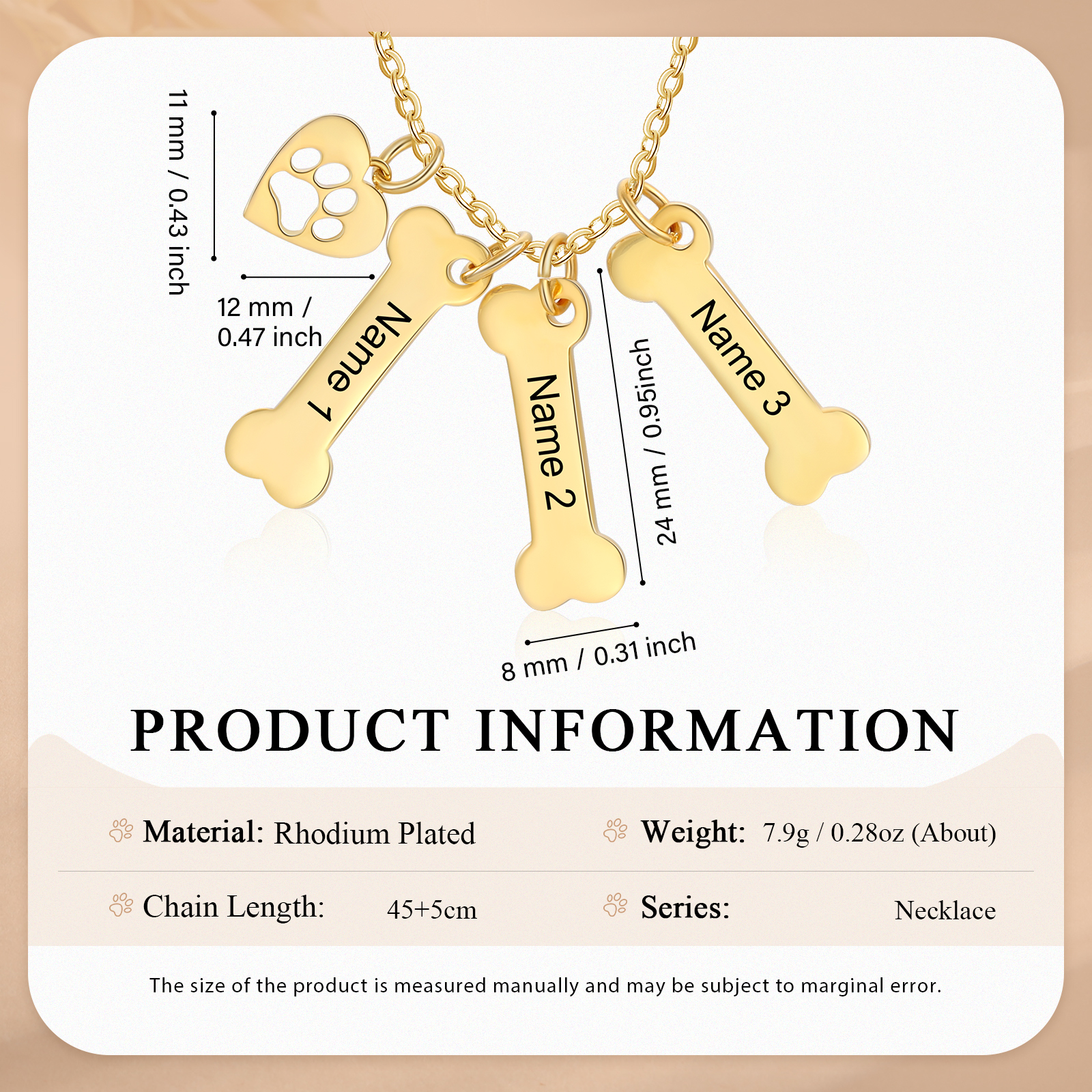 3 Names - Personalised Heart and Bones Charm Pendant Necklace, Custom Name Gift for Her