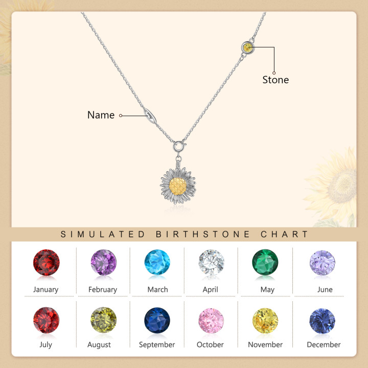 Personalised SunFlower Necklace With Birthstone Engraved Names Gift For Her