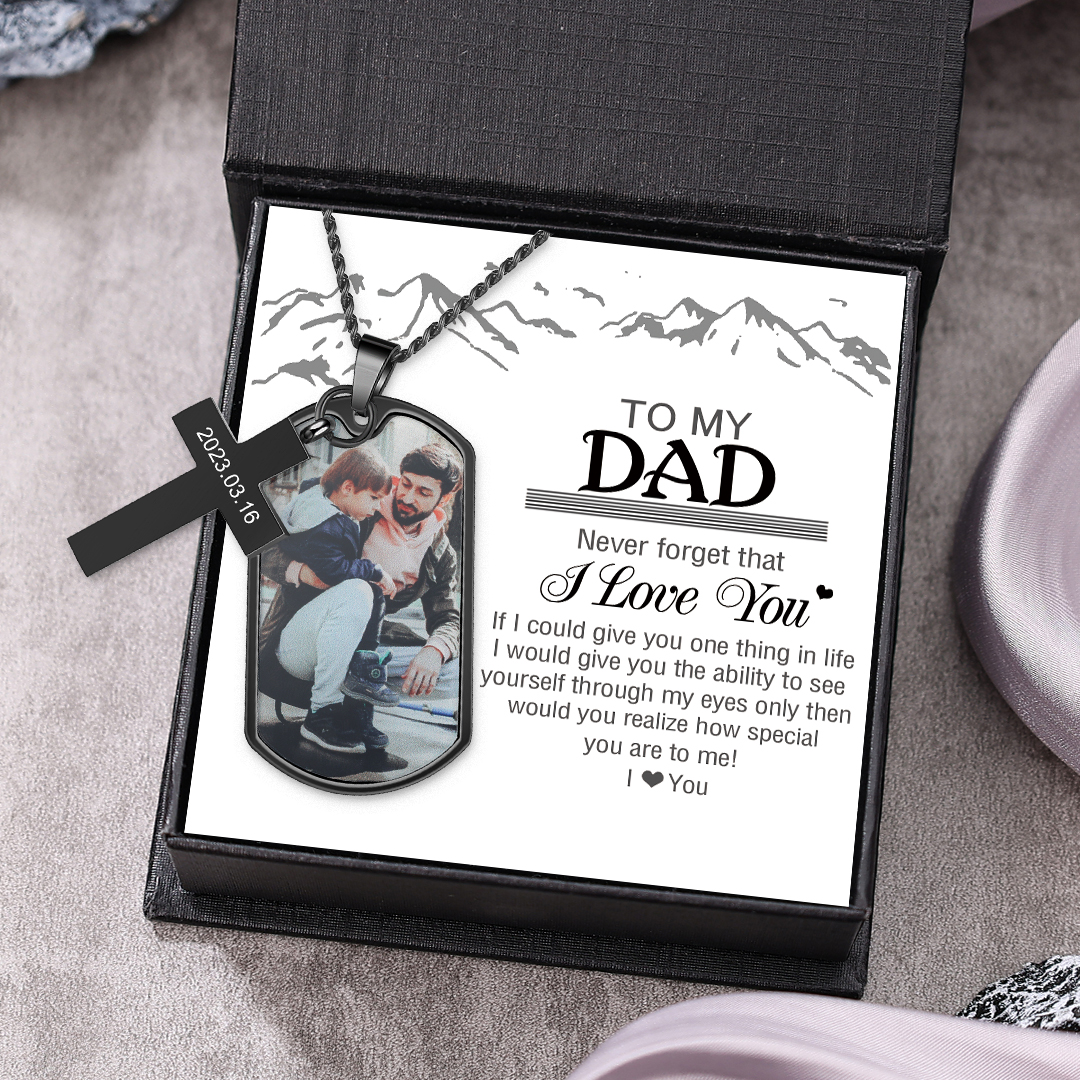 To My Dad Personalized Dog Tag Necklace Custom Photo & Date & Text Cross Necklace Stainless Steel Gift for Him