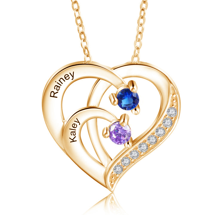 Personalised Mother Necklace 2 Stones Engraved 2 Names Birthstone Intertwined Heart Pendant Gifts for Her