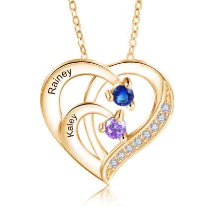 Personalised Mother Necklace 2 Stones Engraved 2 Names Birthstone Intertwined Heart Pendant Gifts for Her