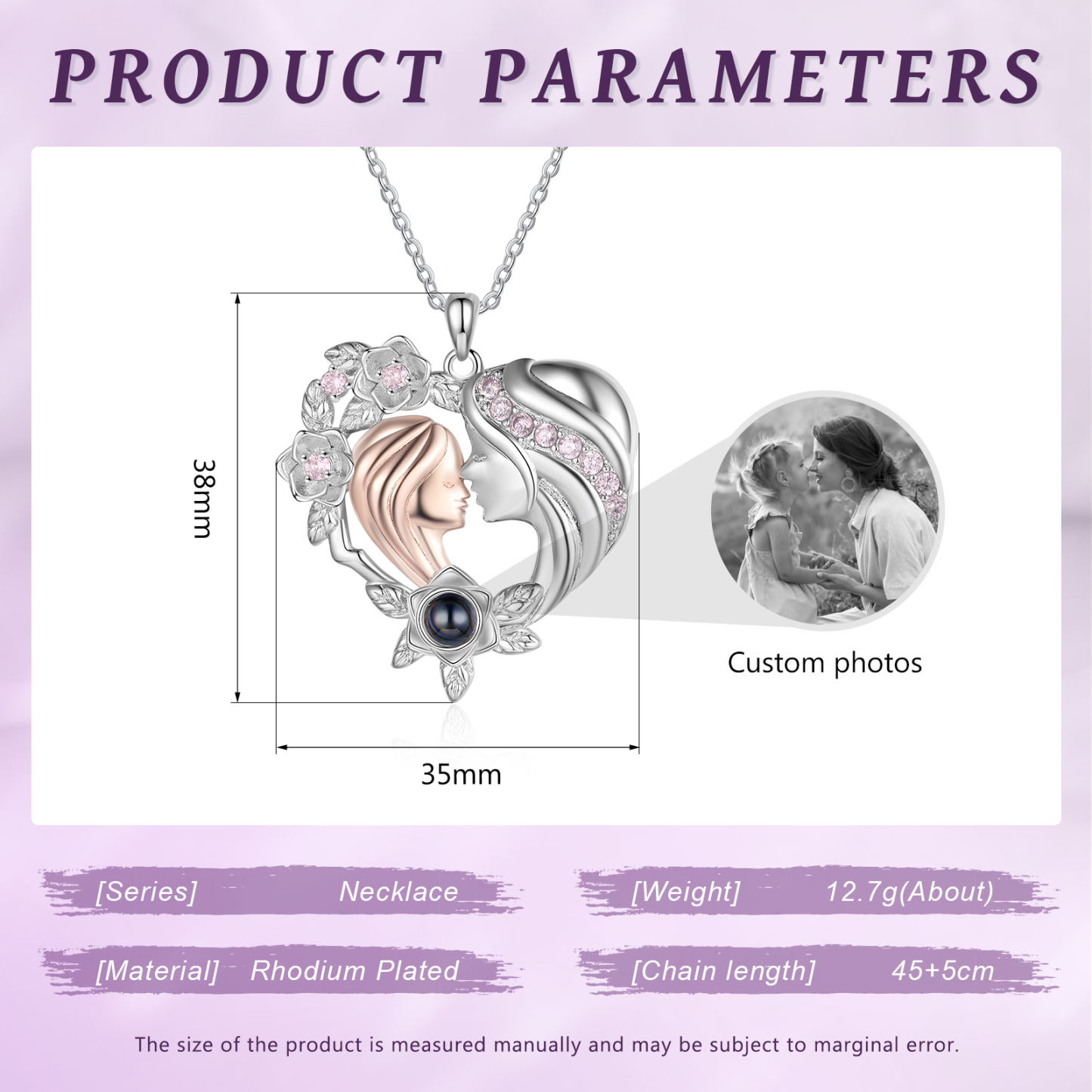 Mother and Daughter Heart Projection Necklace Custom Photo Flower Pendant Necklace for Her