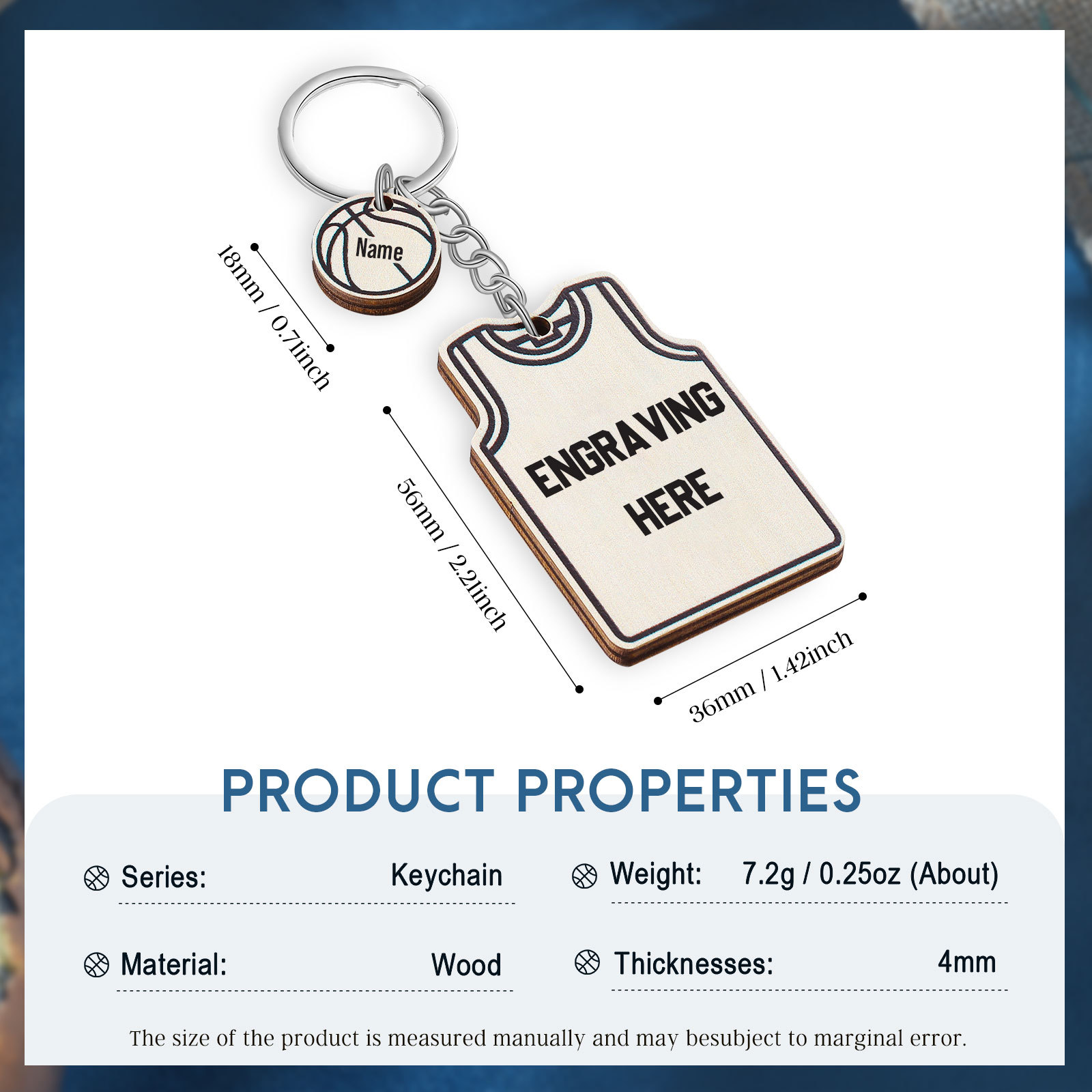 Personalised Text and 1 Name Wooden Basketball Keyring