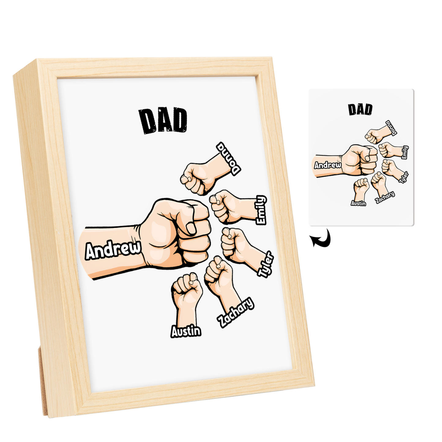 6 Names-Personalised Fist Dad LED Light Wooden Photo Frame -Custom Text & Names, Adjustable 3 Colors