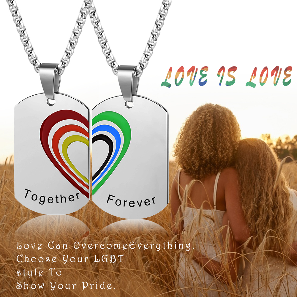 2 PCS Personalised Custom Name Rainbow Bar Heart Necklace Set LGBT Pride Gifts