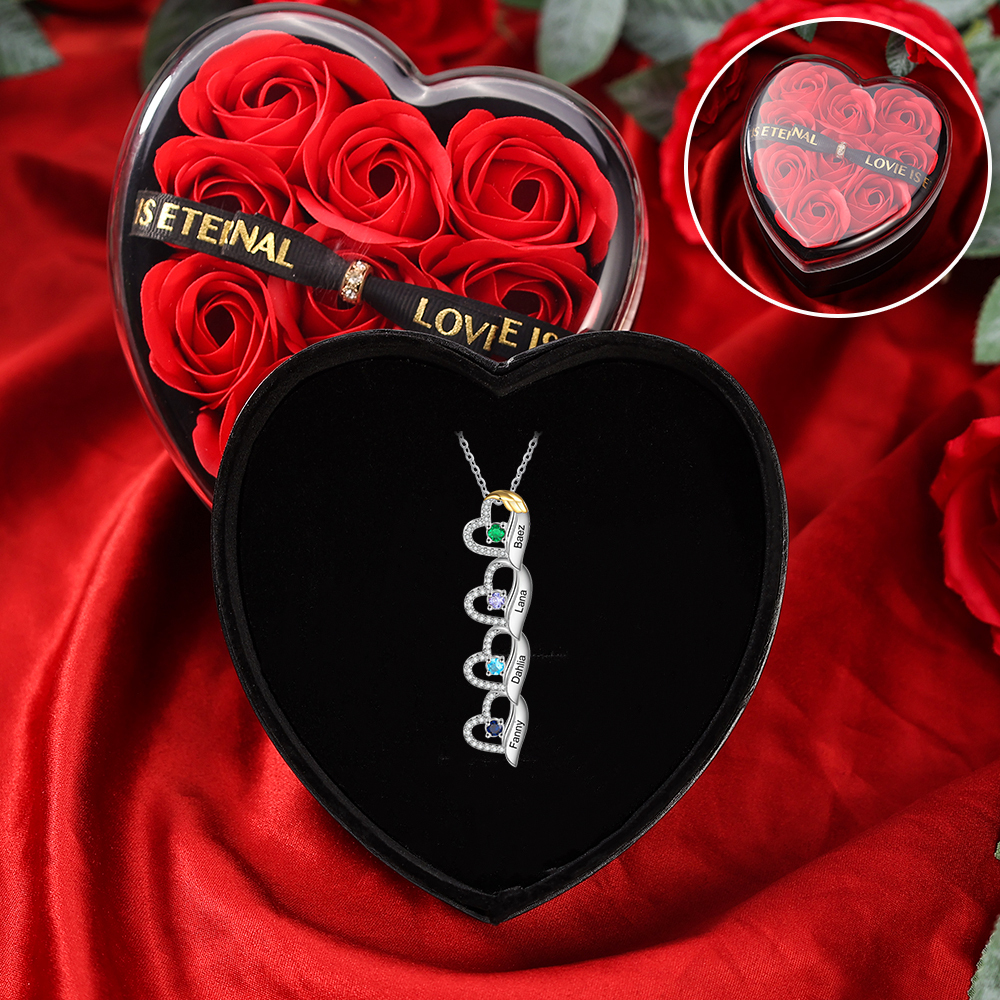 Personalised Jewellery Gift Set – Custom 4 Names & 4 Birthstones Necklace and Bracelet with Elegant Heart Box | Jessemade