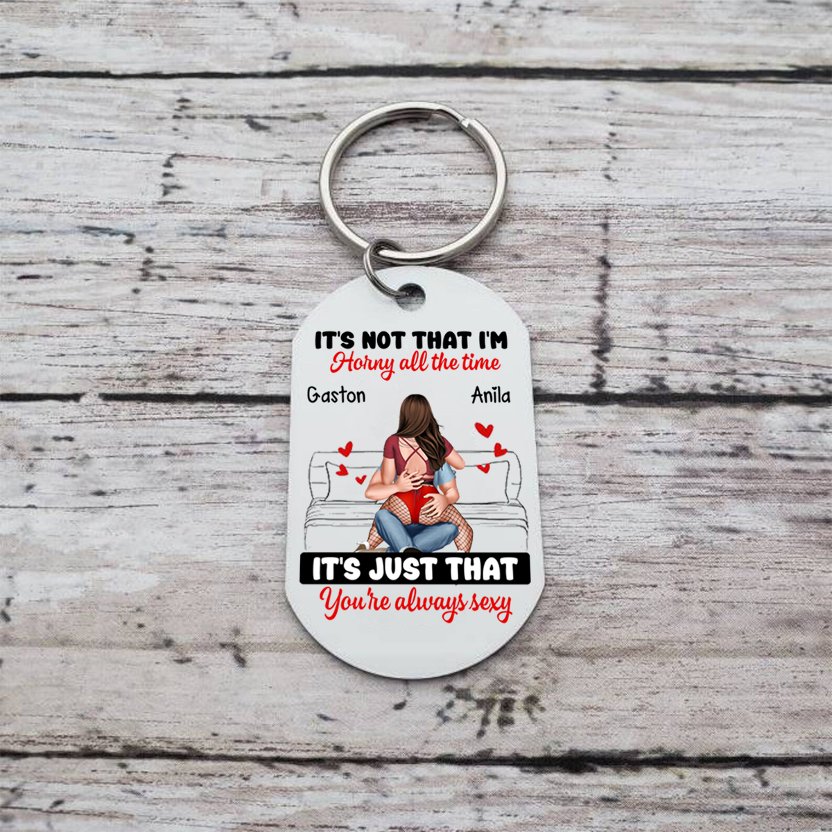 Personalised Double-Sided Keyring with 2 Names & Characters - "It’s Not That I’m Horny All the Time, It’s Just That You’re Always Sexy" Design, Valentine’s Day Gift for Couple | Jessemade