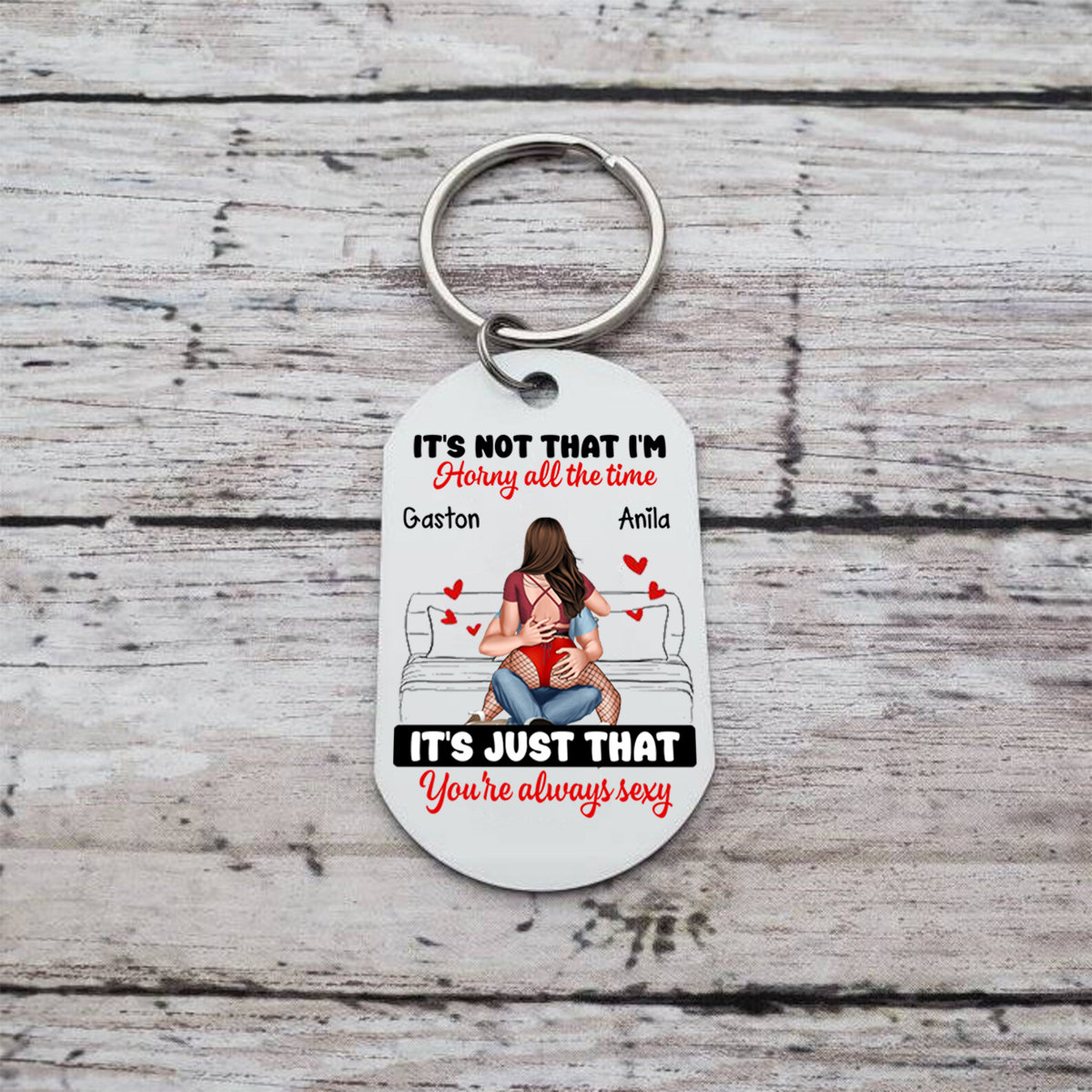 Personalised Double-Sided Keyring with 2 Names & Characters - "It’s Not That I’m Horny All the Time, It’s Just That You’re Always Sexy" Design, Valentine’s Day Gift for Couple | Jessemade
