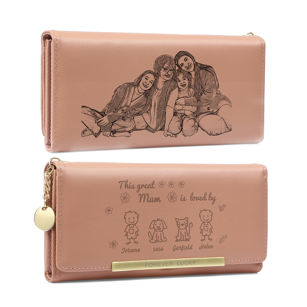 Personalised Women Leather Wallet Purse With Custom 1 Kid And Pet Name
