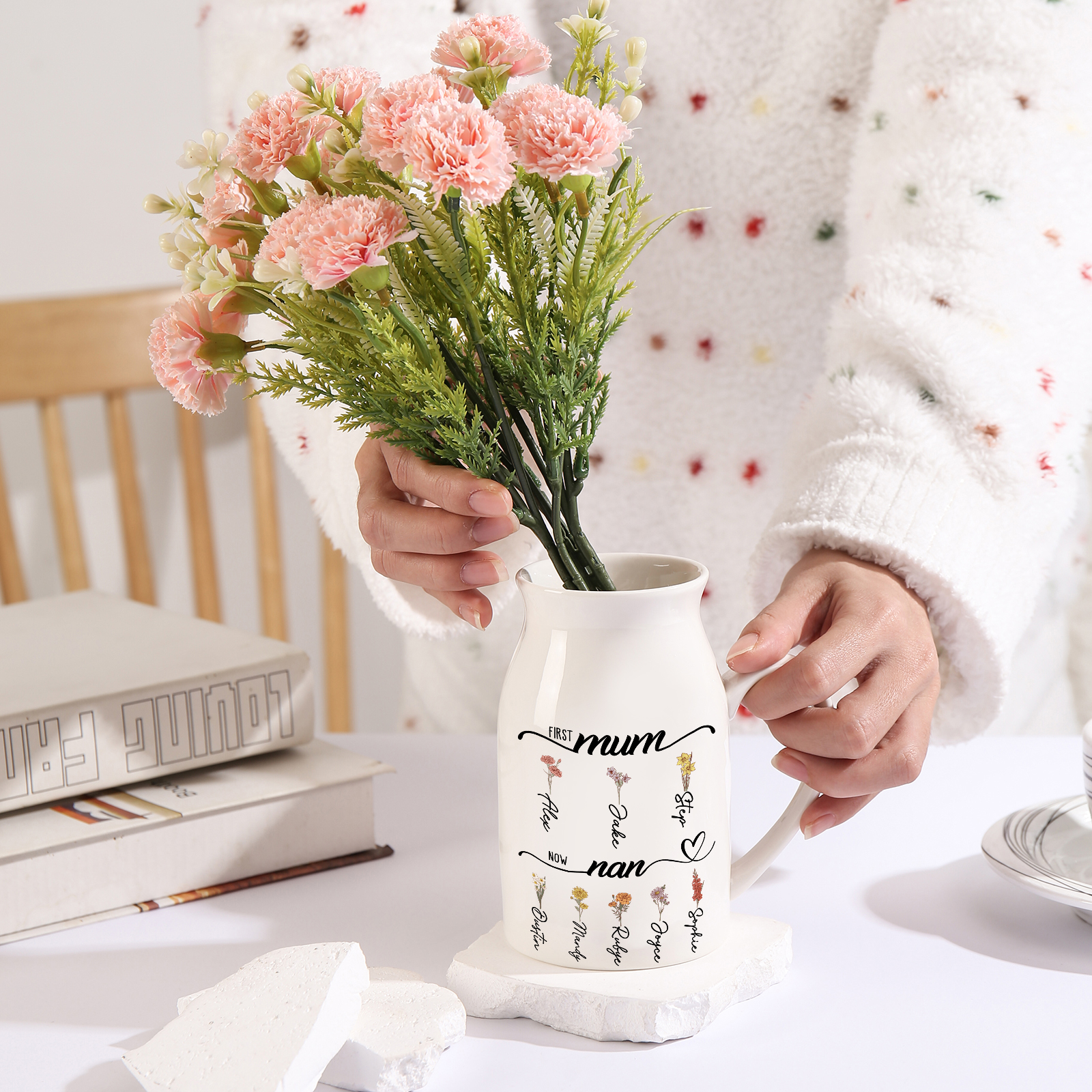 Personalised Floral Name Pitcher – “First Mum, Now Nan” Ceramic Flower Vase | Jessemade