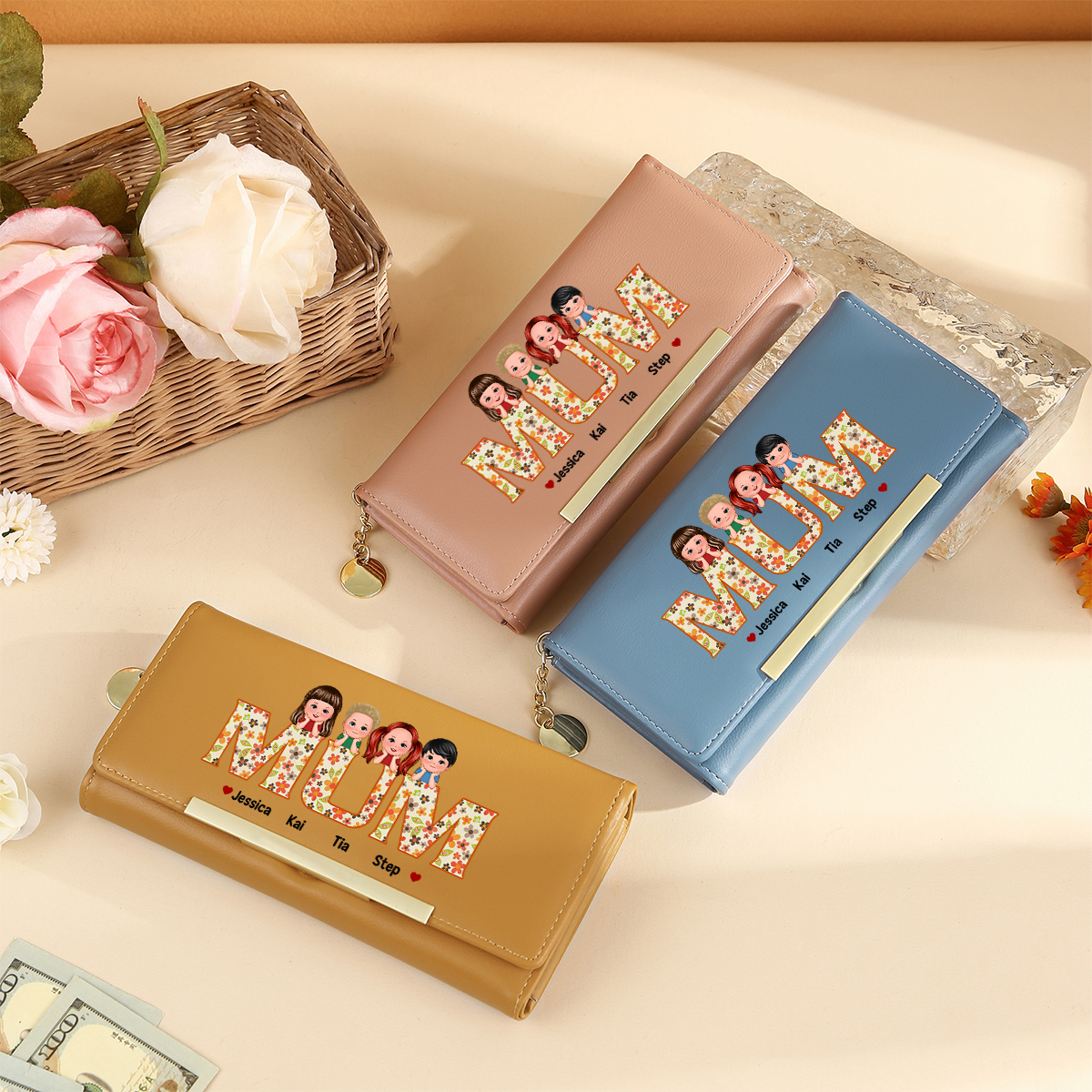 Personalised Special Women Leather Wallet Purse With Custom Kids Names – Mother's Day Presents For Mum | Jessemade