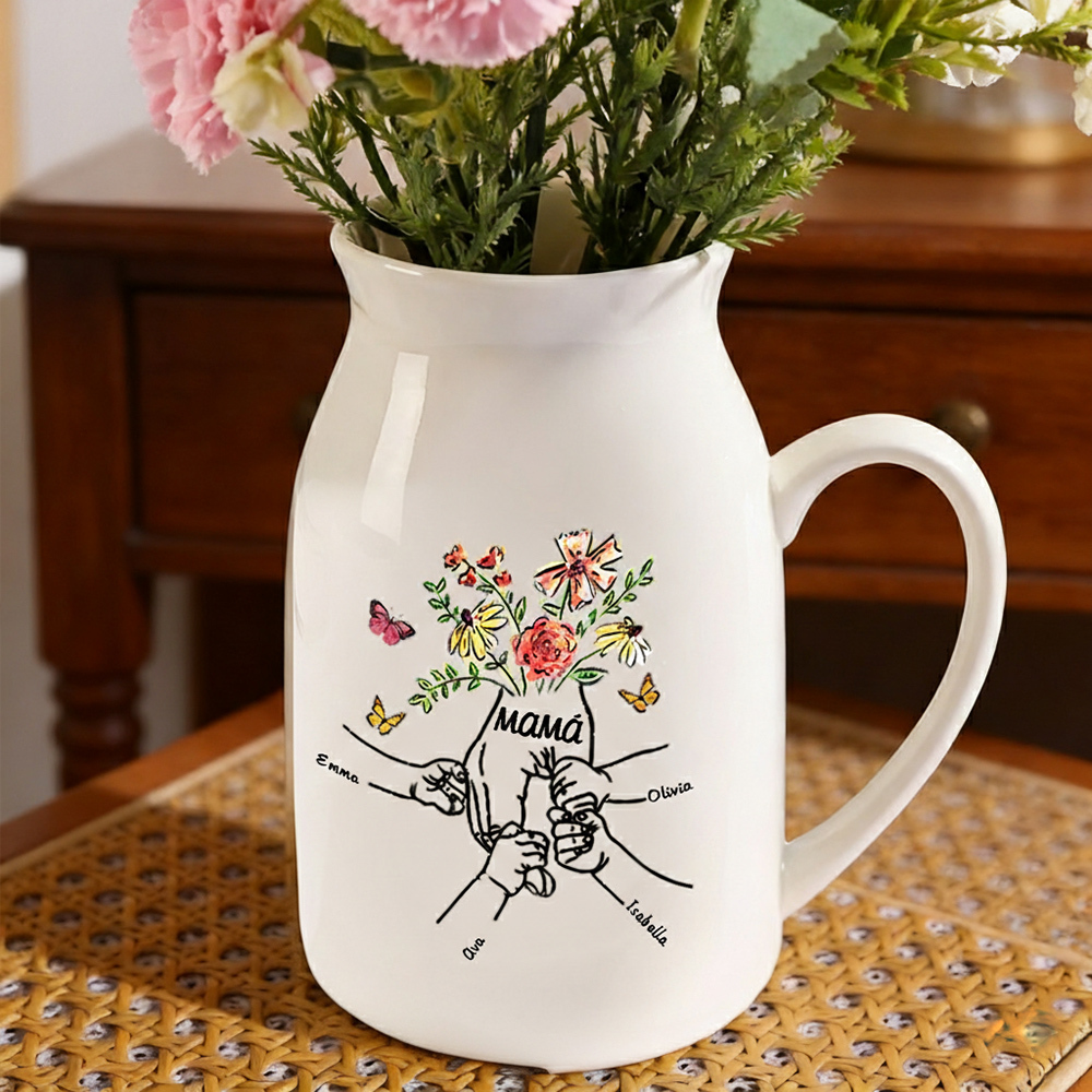 Personalised 2-8 Names Flower Vase Mum and Kids Holding Hand Flower Butterfly Ceramic Vase