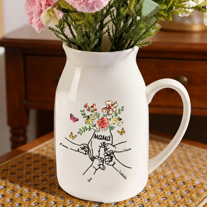 Personalised 2-8 Names Flower Vase Mum and Kids Holding Hand Flower Butterfly Ceramic Vase