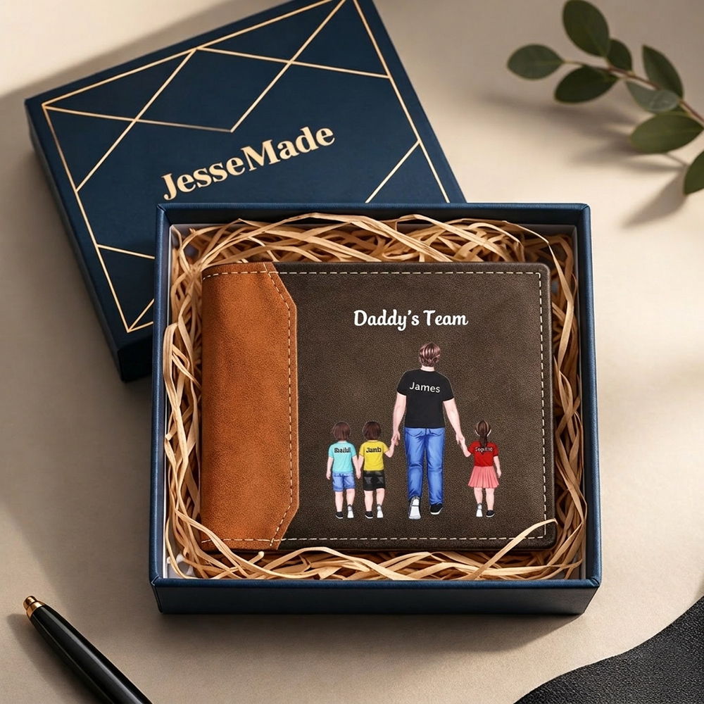 Custom Father & Child Wallet – Personalised “Daddy’s Team” with Names Leather Wallet | Jessemade