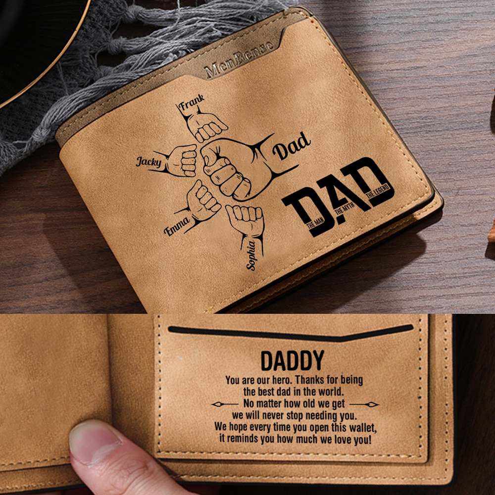 Personalised 2-9 Names Fist Bump Pattern Custom Name Leather Men's Wallet for Dad