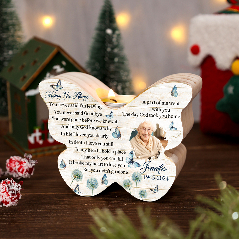 Personalised Butterfly Memorial Wooden Candle Holder - Custom Photo &