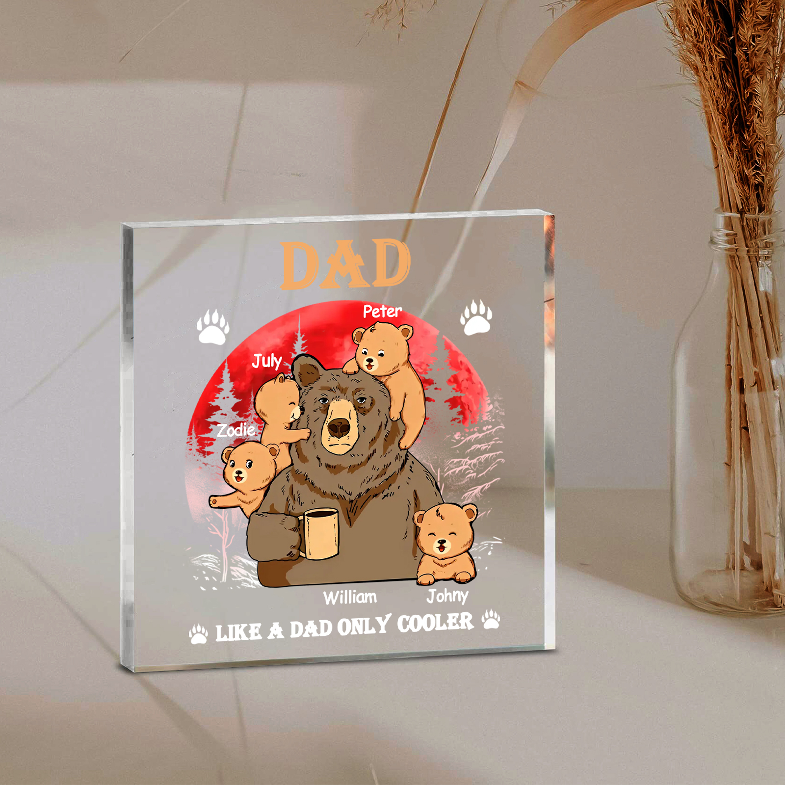 5 Names - Personalised Bear Family Pattern Custom Name Acrylic Square Ornament Father's Day Gift