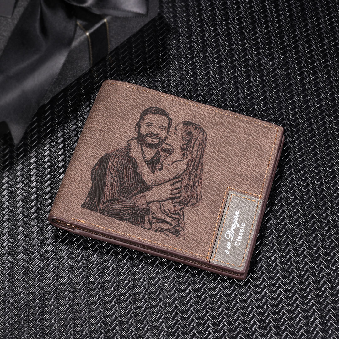 Deep Brown Personalised Leather Wallet Engraved Photo Short Purse Gifts For Men