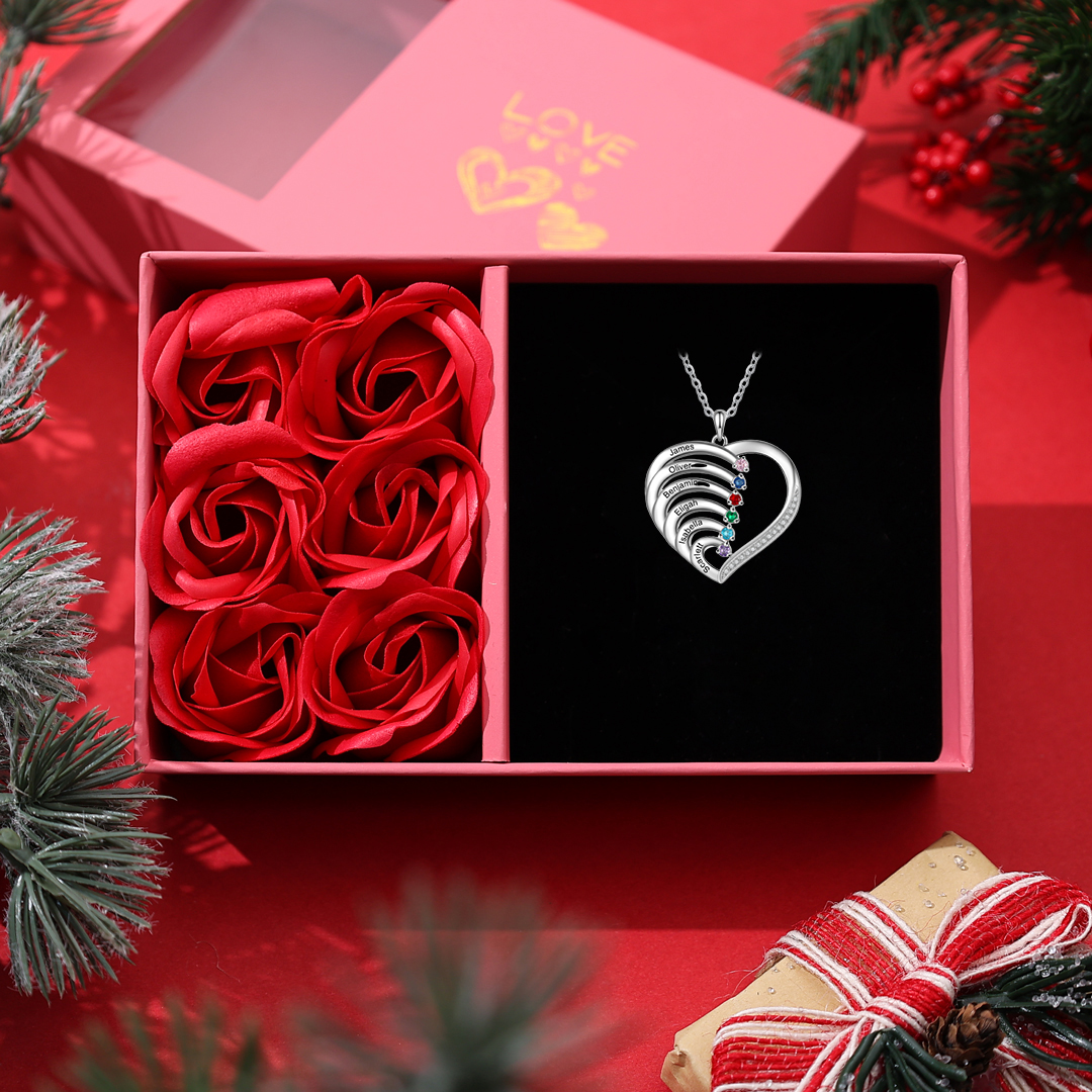 6 Names-Personalised Birthstone Necklace Engraved Set With Rose Gift Box 6 Names-Custom Birthstone Intertwined Heart Pendant Gifts for Her